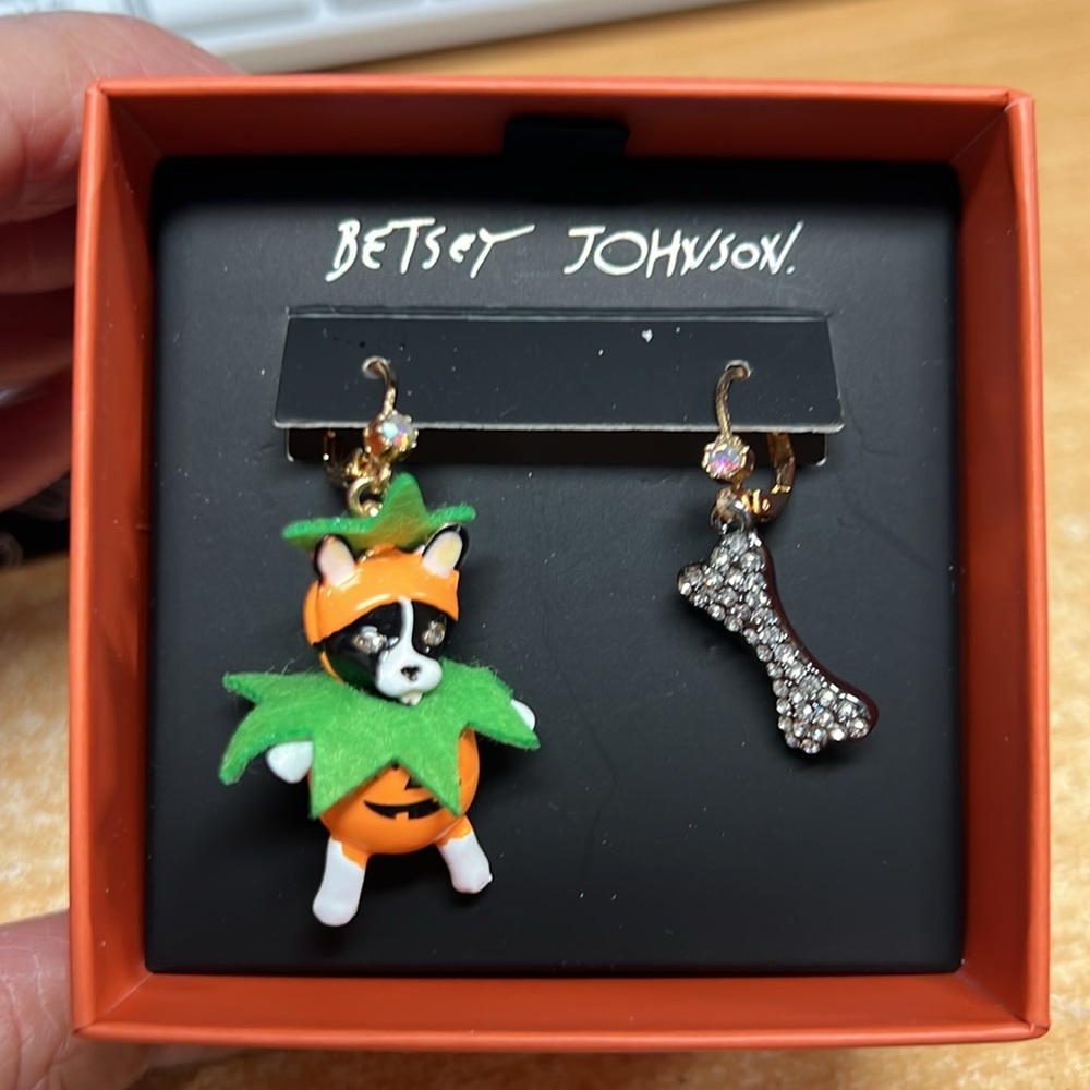 Betsey Johnson French Bulldog & Bone Halloween Mismatch Drop Earrings Crystal